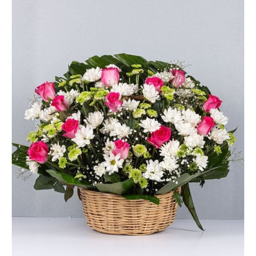 Basket Of Fucsia Roses And Daisies
