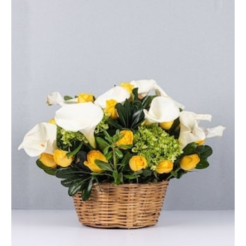 Basket of Calla Lilies and Yellow Roses