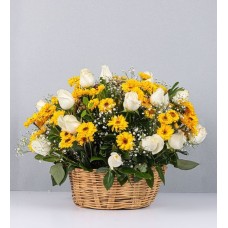 Basket Of Daisies And White Roses