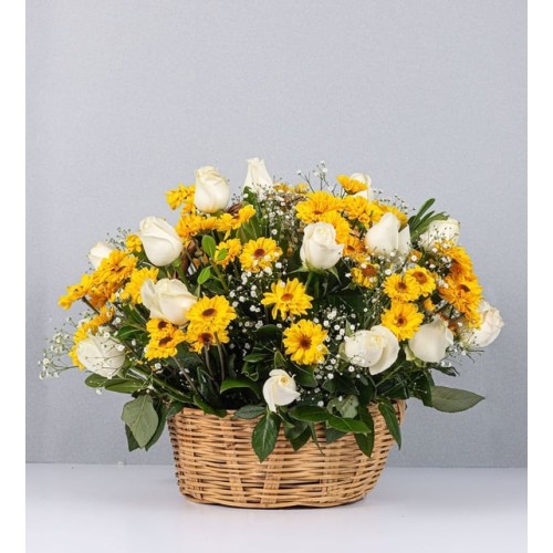 Basket Of Daisies And White Roses