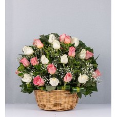 Basket Of White And Pink Roses