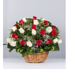 Basket Of Red And White Roses