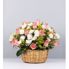 Basket Of Pink Roses And White Daisies