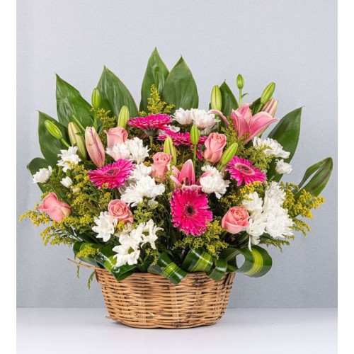 Pink Basket Of Lilies, Roses And Daisies