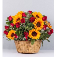 Sunflower And Roses Red Basket