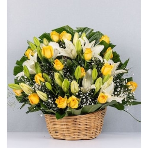 Basket Lily White and Yellow Rose