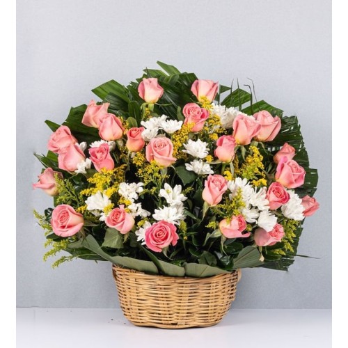 Pink Rose And White Daisy Basket