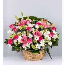 Basket Of Fucsia Roses And Pink Lilies