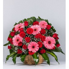 Basket Of Pink Gerberas And Red Roses