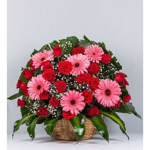 Basket Of Pink Gerberas And Red Roses