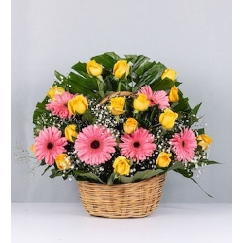Basket of Pink Gerbera and Yellow Rose