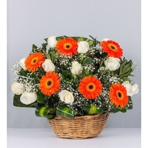 Basket of Orange Gerbera and White Rose