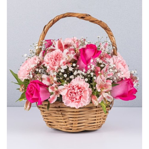Basket Jr Rosas And Pink Carnation