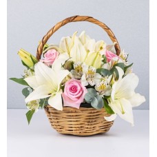 White Astromelias, Lilies and Pink Roses in a Small Basket