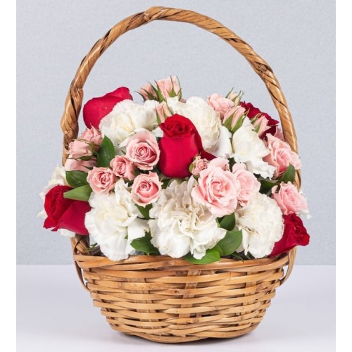 Basket Jr White Carnations And Mini Roses