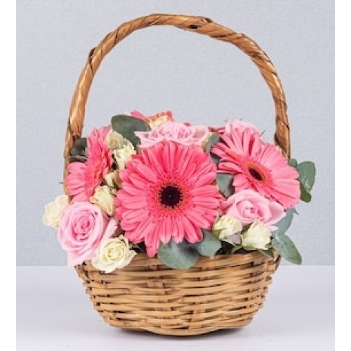 Basket Jr Pink Gerbera and Mini White Rose
