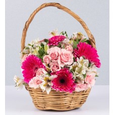 White Astromelias, Fuchsia Gerberas, Pink Roses in a Small B...