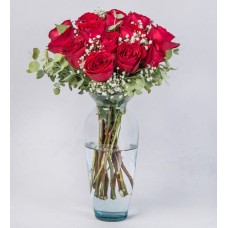 12 Red Roses and Gypsophila in a Glass Vase