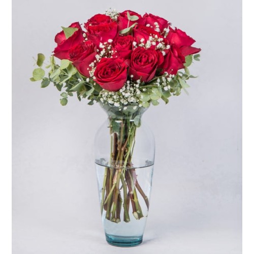 12 Red Roses and Gypsophila in a Glass Vase