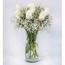 8 White Roses in a Cylindrical Vase