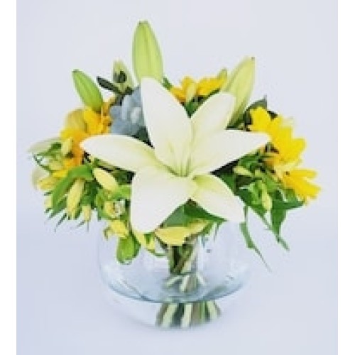 Fishbowl with Lilies and Sunflowers