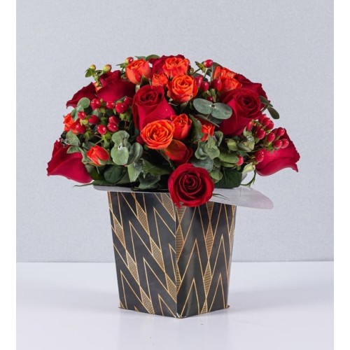 Romance Arrangement With Hypericum And Red Roses