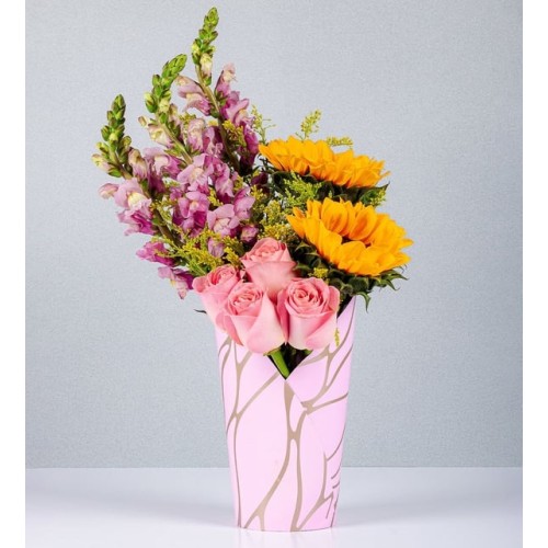 Lilac Snapdragons, Pink Roses and Sunflowers in the Pink Box
