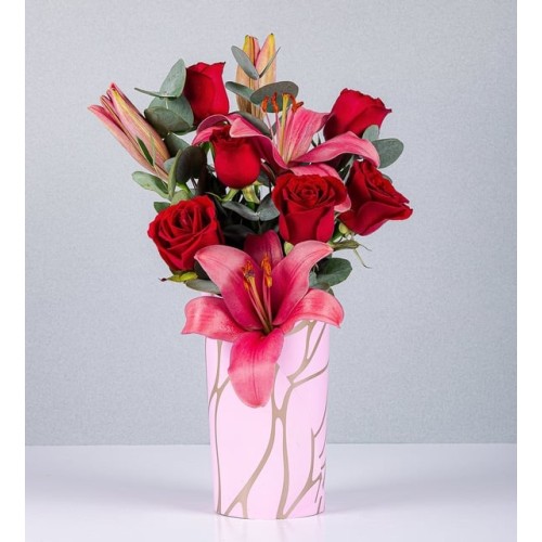 Deco Box Lily Pink And Red Rose