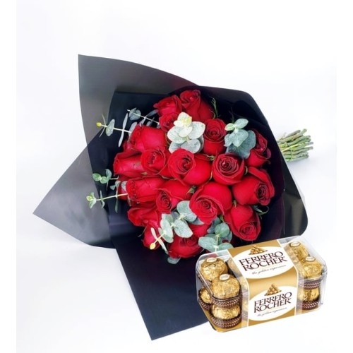 Bouquet Of 24 Red Roses And Ferrero Chocolates
