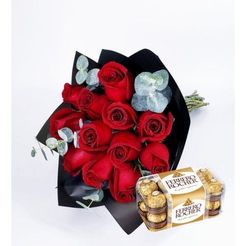 Bouquet 12 Red Roses And Ferrero Chocolates