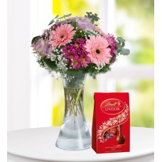 Vase Of Gerberas, Roses And Lilies And Lindt 120G