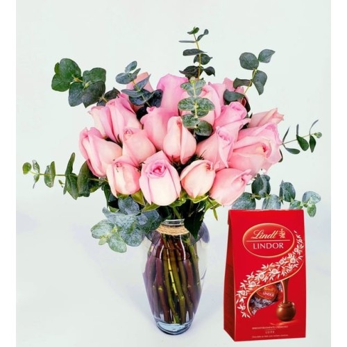 24 Pink Roses And Lindt 120G