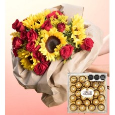 Bouquet Sunflowers, Roses And Ferrero 24