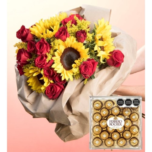 Bouquet Sunflowers, Roses And Ferrero 24