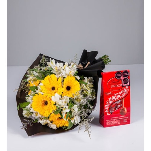 Bouquet White Astromelia And Yellow Gerbera And Lindt