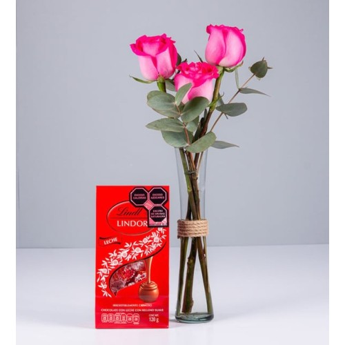 3 Fucsia Roses And Lindt