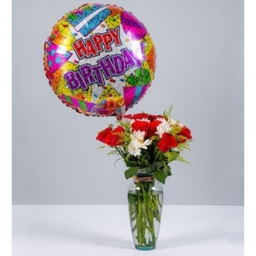 Red Rose and White Daisy Birthday Balloon