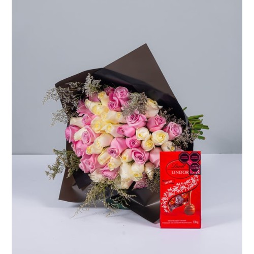 Bouquet Of White And Pink Roses With Lindt