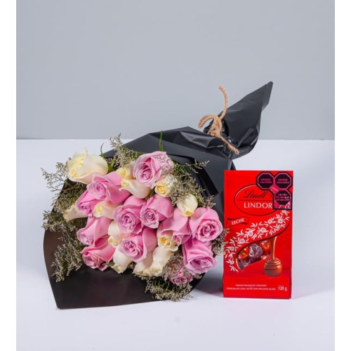 Bouquet 24 White, Pink And Lindt Roses