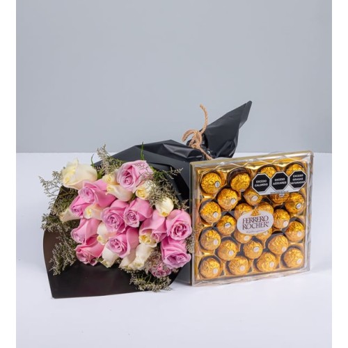 Bouquet 24 White, Pink And Ferrero 24 Roses