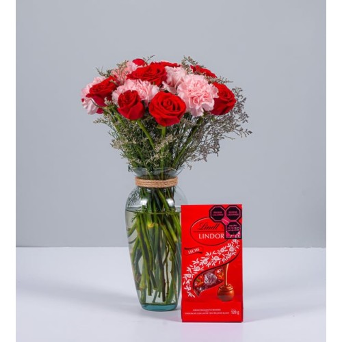 Red Rose, Pink And Lindt Carnations