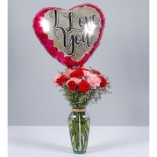 Red Rose, Pink Carnations and Love Balloon