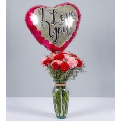 Red Rose, Pink Carnations and Love Balloon