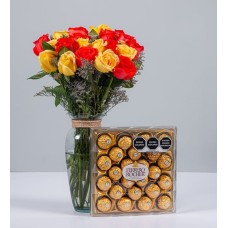12 Orange Roses, 12 Yellow Roses And Ferrero 24