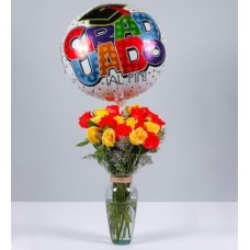 12 Orange Roses, 12 Yellow Roses and Graduation Balloon