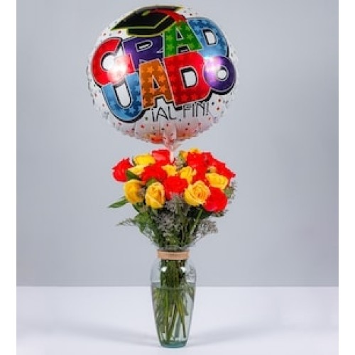 12 Orange Roses, 12 Yellow Roses and Graduation Balloon