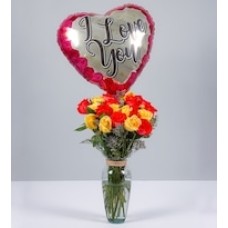 12 Orange Roses, 12 Yellow Roses and Love Balloon