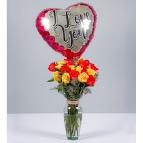 12 Orange Roses, 12 Yellow Roses and Love Balloon