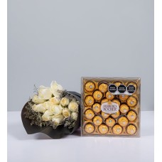 Bouquet 12 White Roses And Ferrero 24