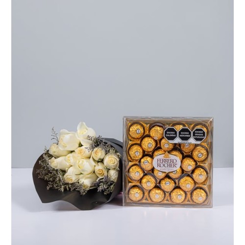 Bouquet 12 White Roses And Ferrero 24